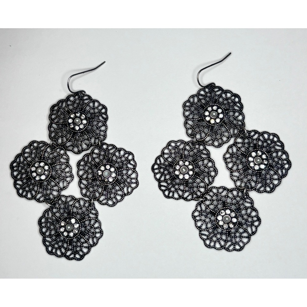 Vintage Gunmetal Filigree Chandelier Earrings Faux Pearl Rhinestone Dangle READ